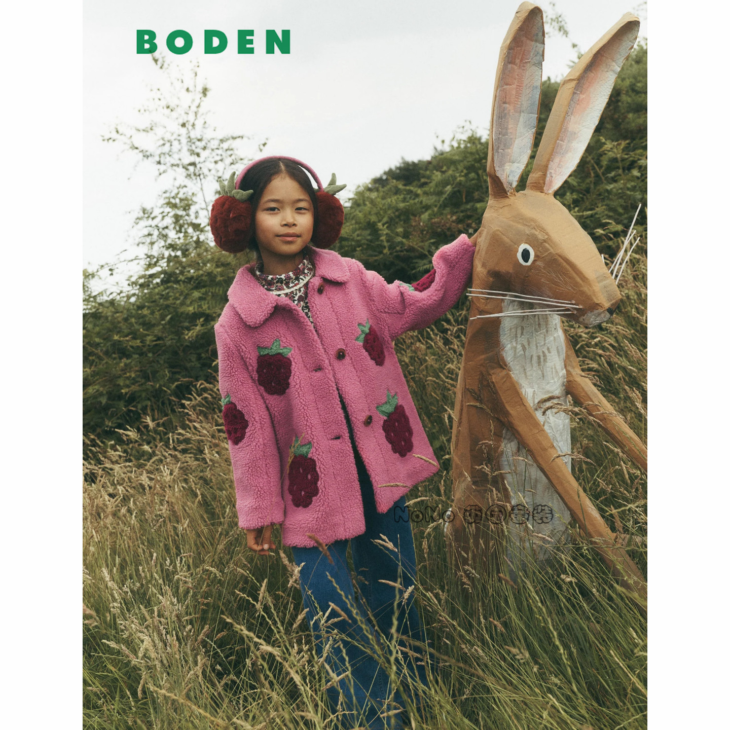 英国Mini BODEN女童粉红色树莓刺绣外套羊羔绒大衣2-12岁G5683