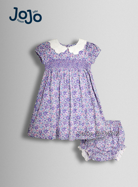 英国JoJo Maman Bebe女童紫色小碎花打揽翻领全棉连衣裙Y07-404