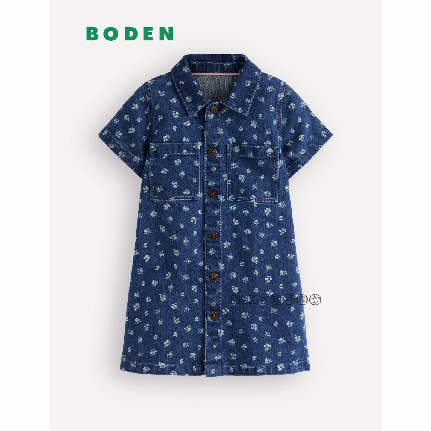 英国Mini Boden女童蓝色印花牛仔全棉短袖连衣裙2-12岁新款G5934