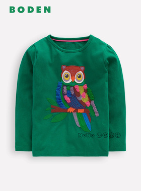 代购英国Mini BODEN女童绿色猫头鹰贴布长袖T恤纯棉2-12岁G5626