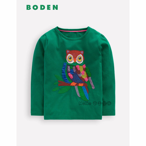 代购英国Mini BODEN女童绿色猫头鹰贴布长袖T恤纯棉2-12岁G5626