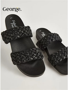 国内现货英国乔治George女大童亲子黑色编织凉拖拖鞋凉鞋920967