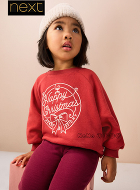 英国Next正品代购女童红色圣诞刺绣春节运动衫套头1-7岁F74-462