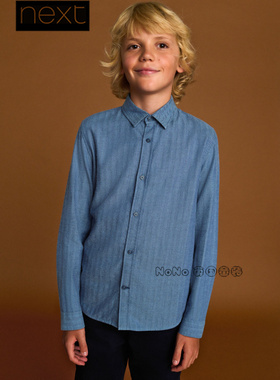 英国Next正品代购男大童蓝色学院长袖衬衫翻领衬衣纯棉F31-849