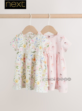 Next英国女婴儿童粉色碎花花仙子纯棉短袖连衣裙全棉两件W59-252