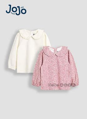 英国Jojo Maman Bebe女童粉白色碎花翻领长袖T恤纯棉1-7岁F86-333