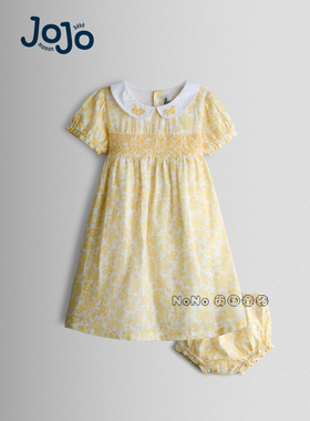英国JoJo Maman Bebe女童黄色小碎花翻领刺绣全棉连衣裙Y16-458
