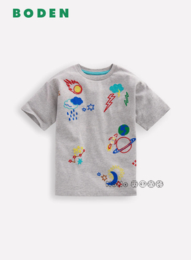 代购英国Mini BODEN男童灰色宇宙火箭刺绣短袖T恤全棉2-12岁B3152