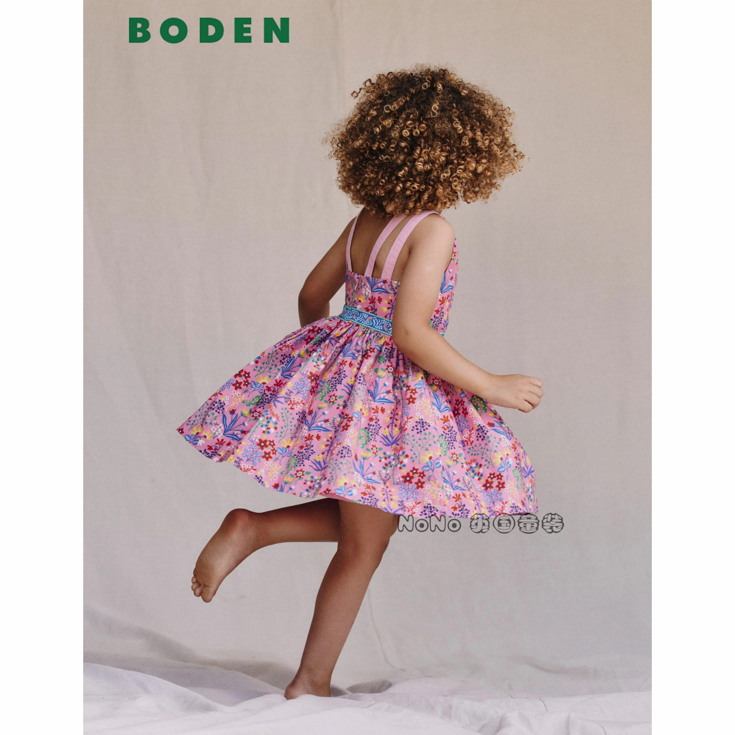 代购英国Mini Boden女童粉色碎花礼服吊带连衣裙全棉2-12岁G5793