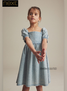英国Next正品代购女大童可亲子蓝色方领连衣裙夏宽松裙子Q93-835