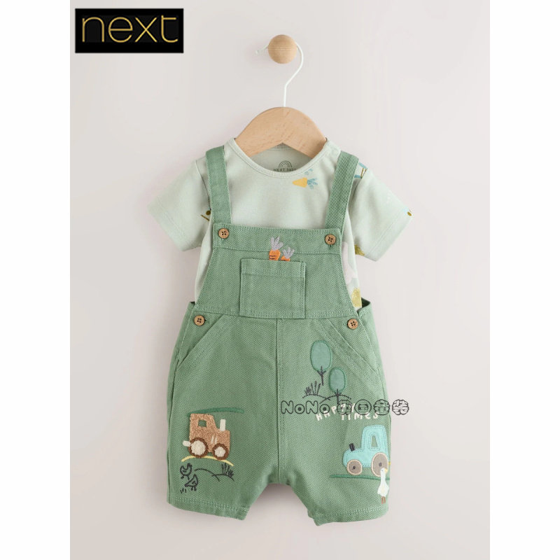 现货英国Next正品男婴绿色汽车短袖包屁衣背带裤套装夏AM3-887
