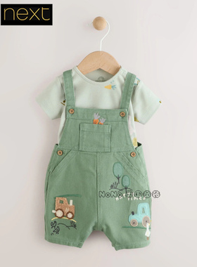 英国Next正品代购男婴绿色汽车短袖包屁衣背带裤套装夏AM3-887