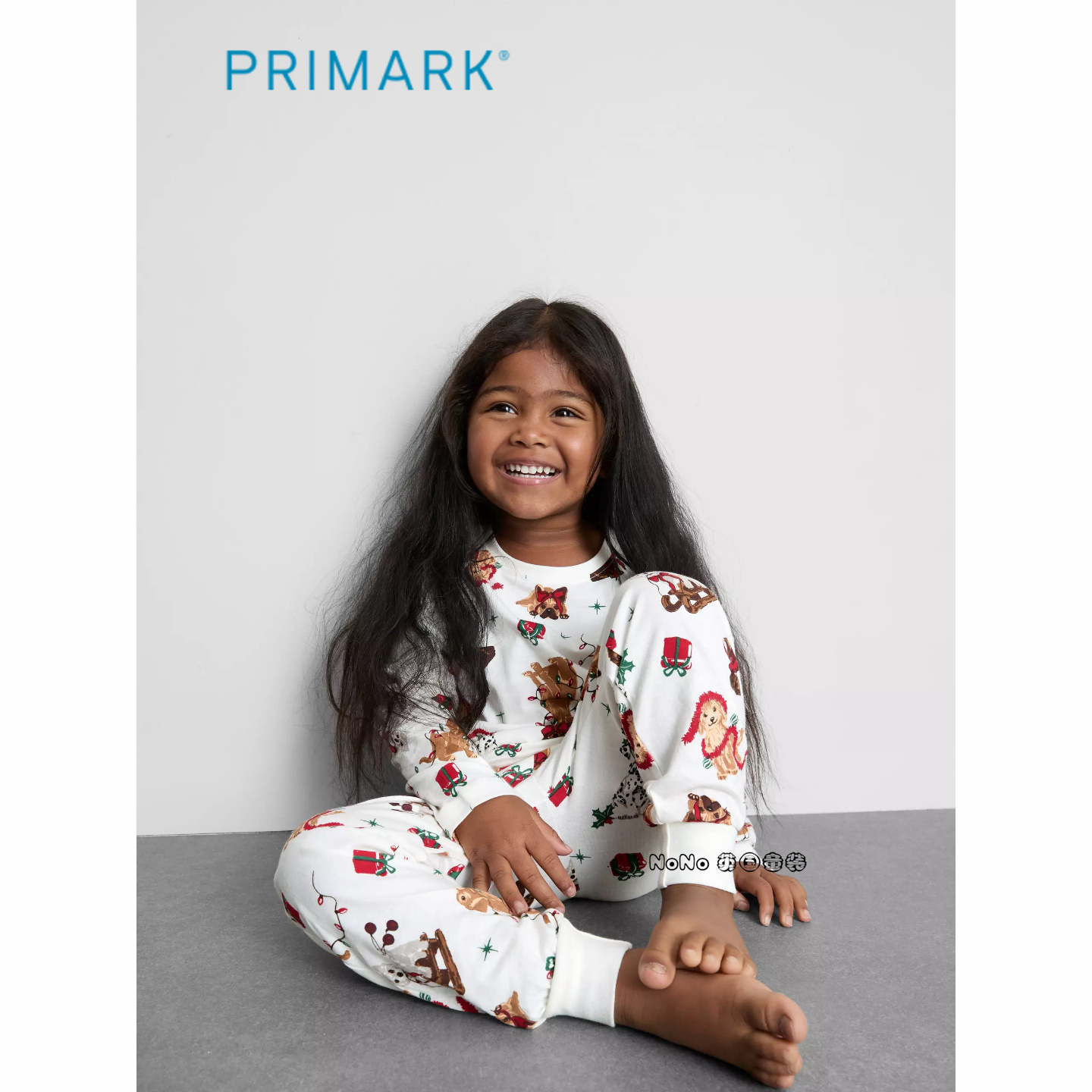 代购英国Primark女中大童圣诞小狗满印纯棉长袖家居服睡衣秋裤