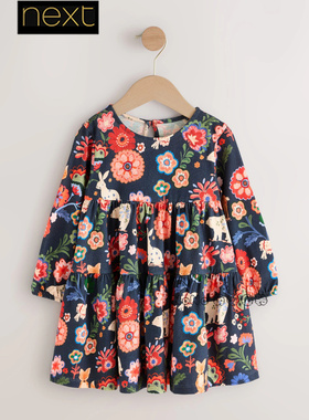 英国Next代购女童蓝色小碎花兔子卡通长袖纯棉连衣裙1-7岁F81-734