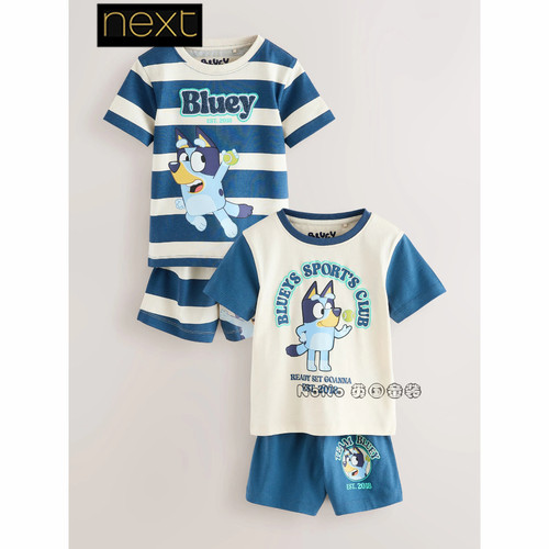 英国Next男童蓝白色条纹布鲁伊bluey家居服短袖睡衣裤全棉H99-086