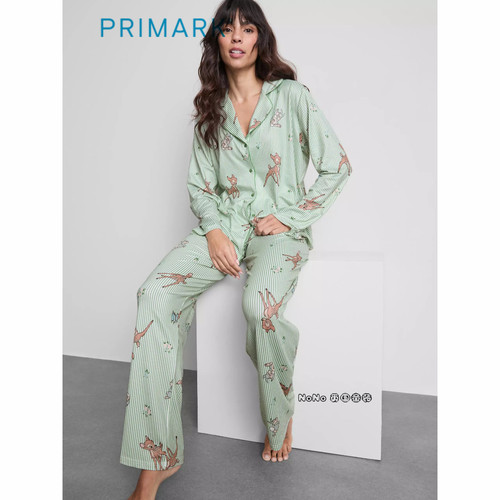 英国Primark女款成人大童绿色条纹斑比小鹿长袖家居服长睡衣裤