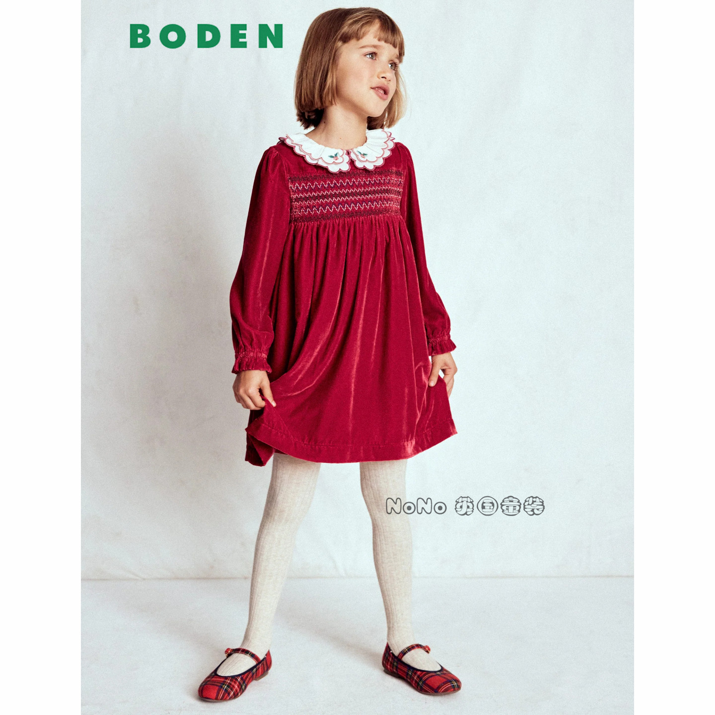 英国Mini Boden女童红色丝绒刺绣打揽长袖连衣裙棉2-10岁G5713