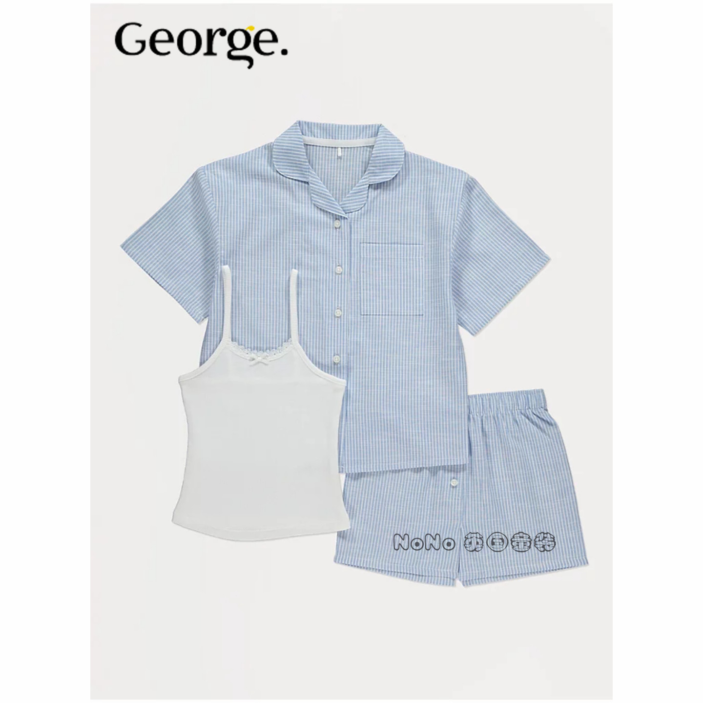 英国乔治George女大童蓝色条纹吊带背心短袖家居服睡衣裤1393334