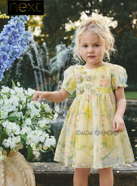代购英国Next女童黄色立体花朵礼服连衣裙短袖1-8岁新款W89-738