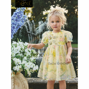 W89 代购 8岁新款 738 英国Next女童黄色立体花朵礼服连衣裙短袖