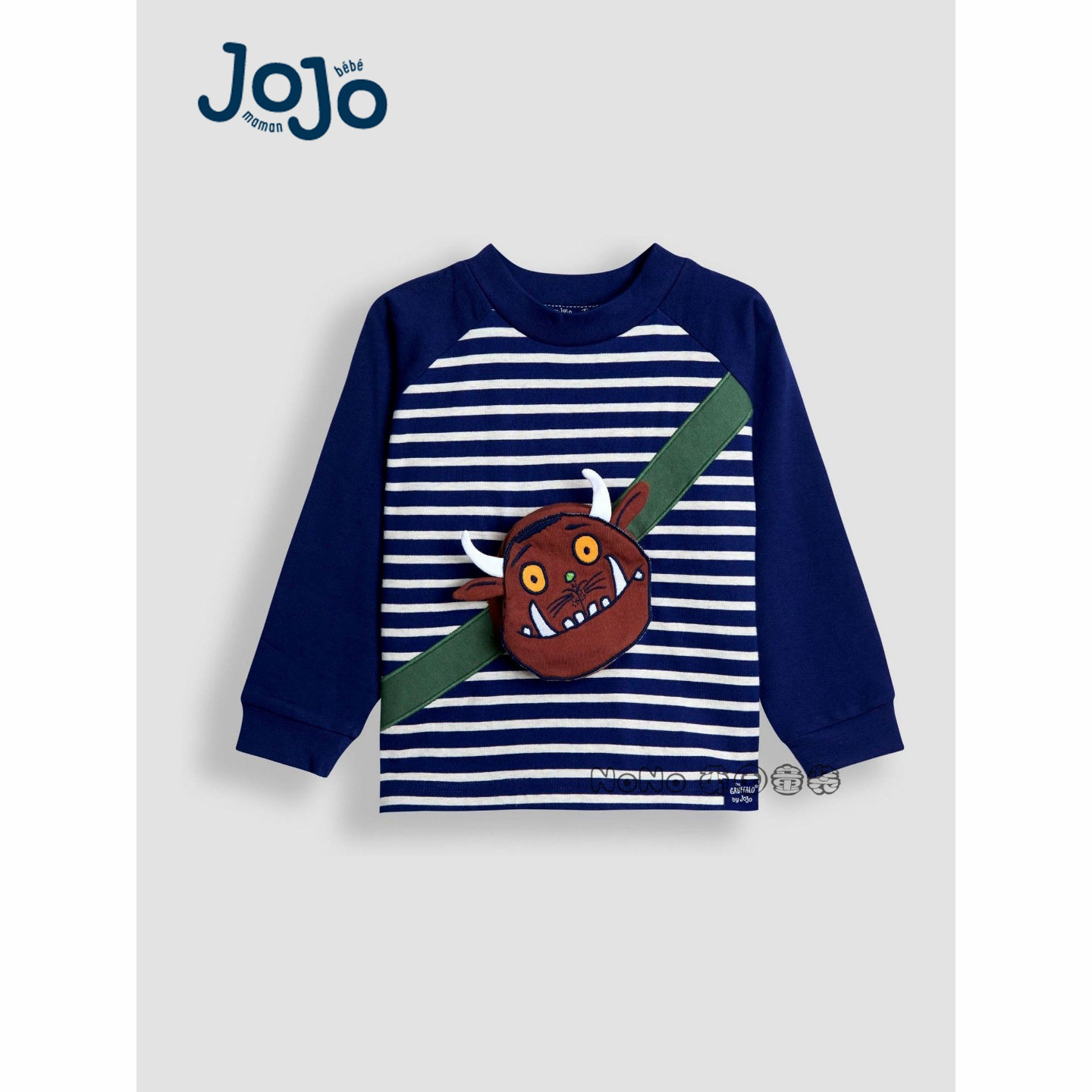 英国Jojo Maman Bebe男童深蓝色咕噜牛斜挎包长袖T恤纯棉H12-674