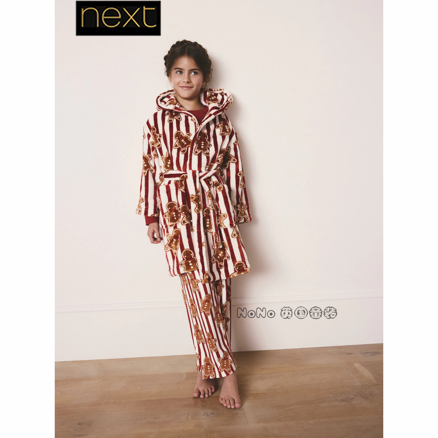 Next英国男女款大童亲子红条纹煎饼人抓绒睡袍浴袍家居服F78-532