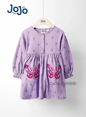 英国JoJo Maman Bebe女童紫色蝴蝶长袖连衣裙纯棉1-7岁F87-380