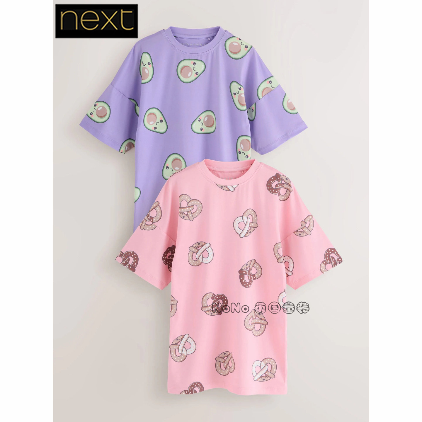 Next英国正品女童大童粉紫色牛油果短袖连衣裙睡裙家居裙AJ7-821
