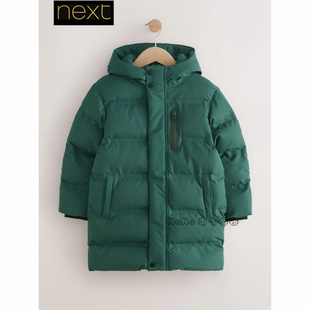 英国Next男大童亲子深绿色外套加厚防雨雪棉服连帽长款F25-049