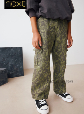 英国Next正品代购女大童亲子绿色豹纹工装阔腿裤休闲纯棉AY2-438