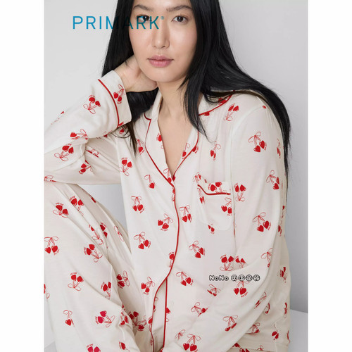 英国Primark女款成人大童白色樱桃爱心印花长袖家居服长睡衣裤