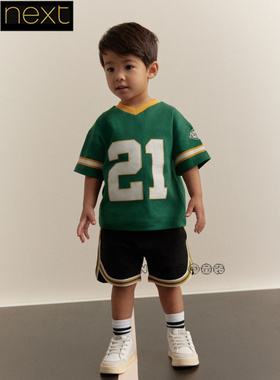 英国Next正品代购男童绿色透气孔运动短袖T恤卡其短裤套装E63-601