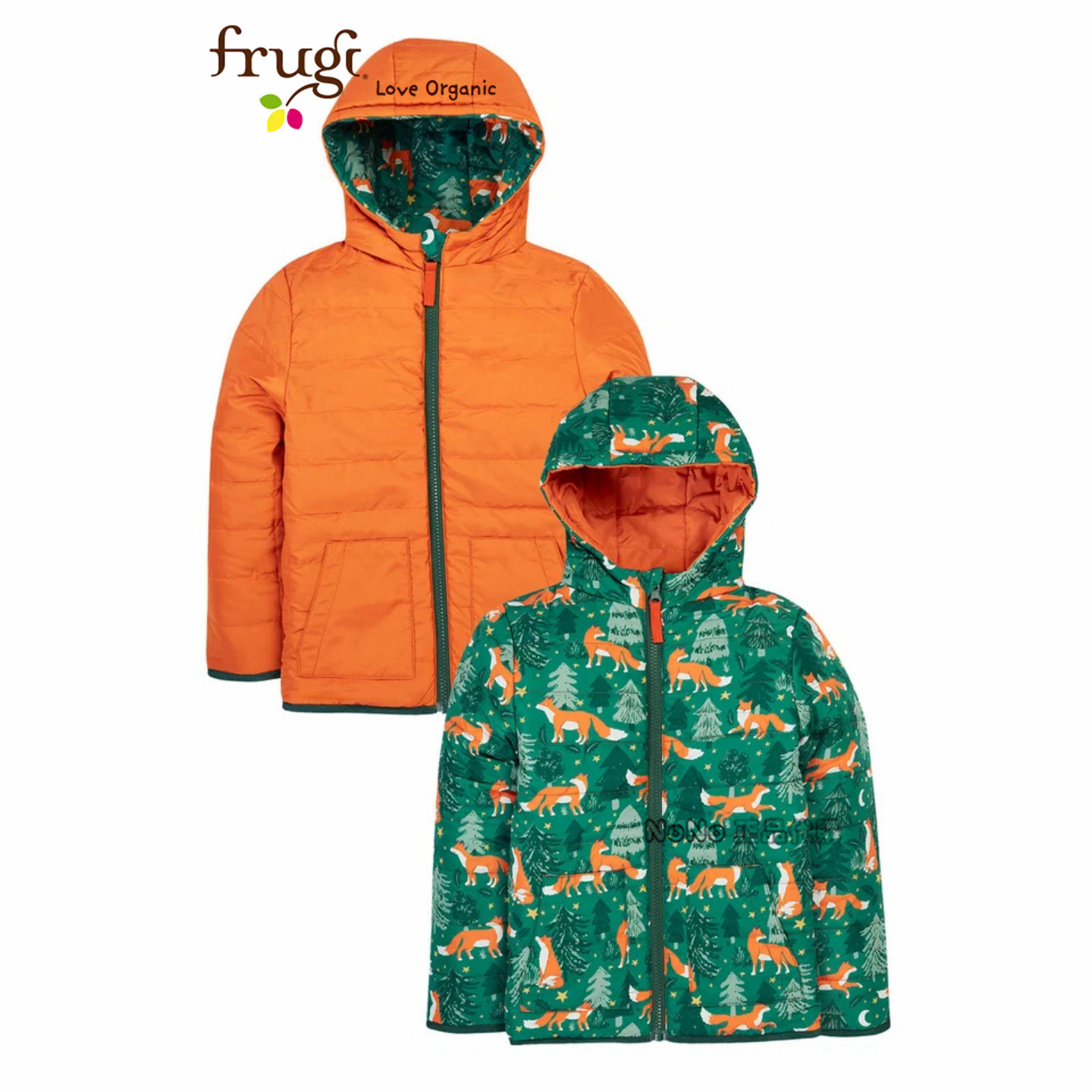 英国FRUGI正品代购有机儿童橘绿色狐狸外套双面穿棉服防雨雪
