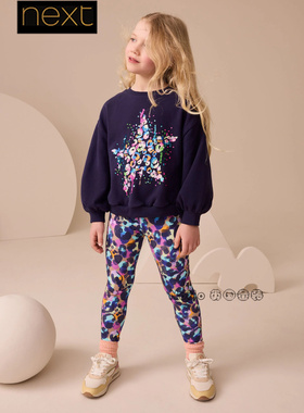 英国Next女大童亲子深蓝色亮片星星卫衣打底裤套装3-16岁F29-126