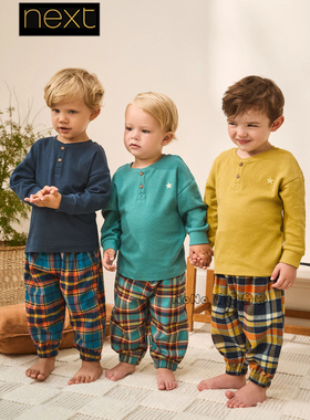 英国Next男大童黄蓝色格子英伦家居服睡衣秋裤1-12岁纯棉F75-387