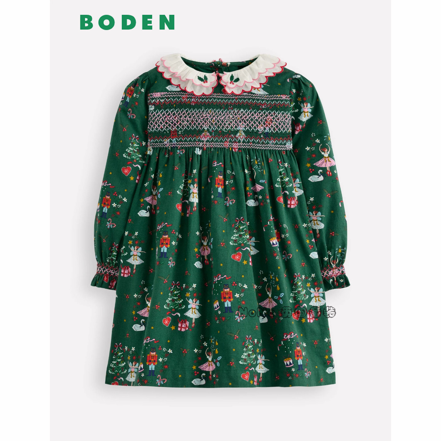英国Mini Boden女童绿色刺绣打揽花仙子长袖连衣裙棉2-10岁G5713