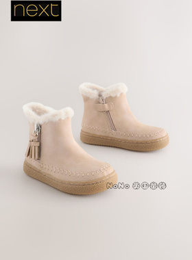 代购NEXT正品英国女童短靴子中筒马丁靴米色毛毛拉链秋冬AM9-207