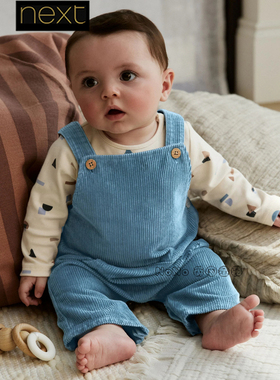 英国Next婴儿蓝色灯芯绒长袖包屁衣背带裤连身套装全棉AY4-413