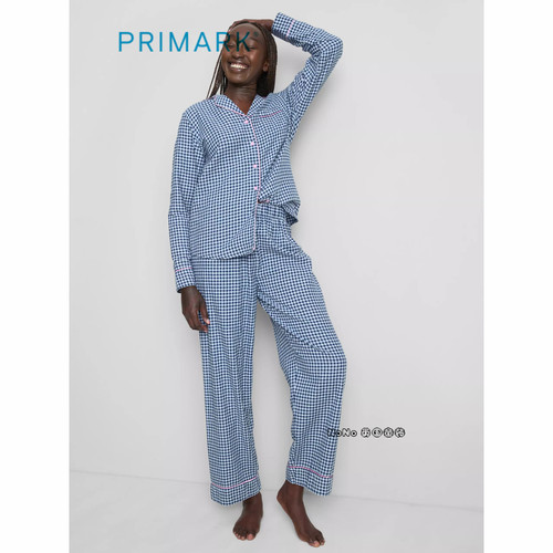 代购英国Primark女款成人大童蓝色格子全棉长袖家居服睡衣裤新款