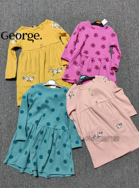 现货英国乔治George女童黄色粉色刺绣罗纹长袖连衣裙春秋波点蓝绿