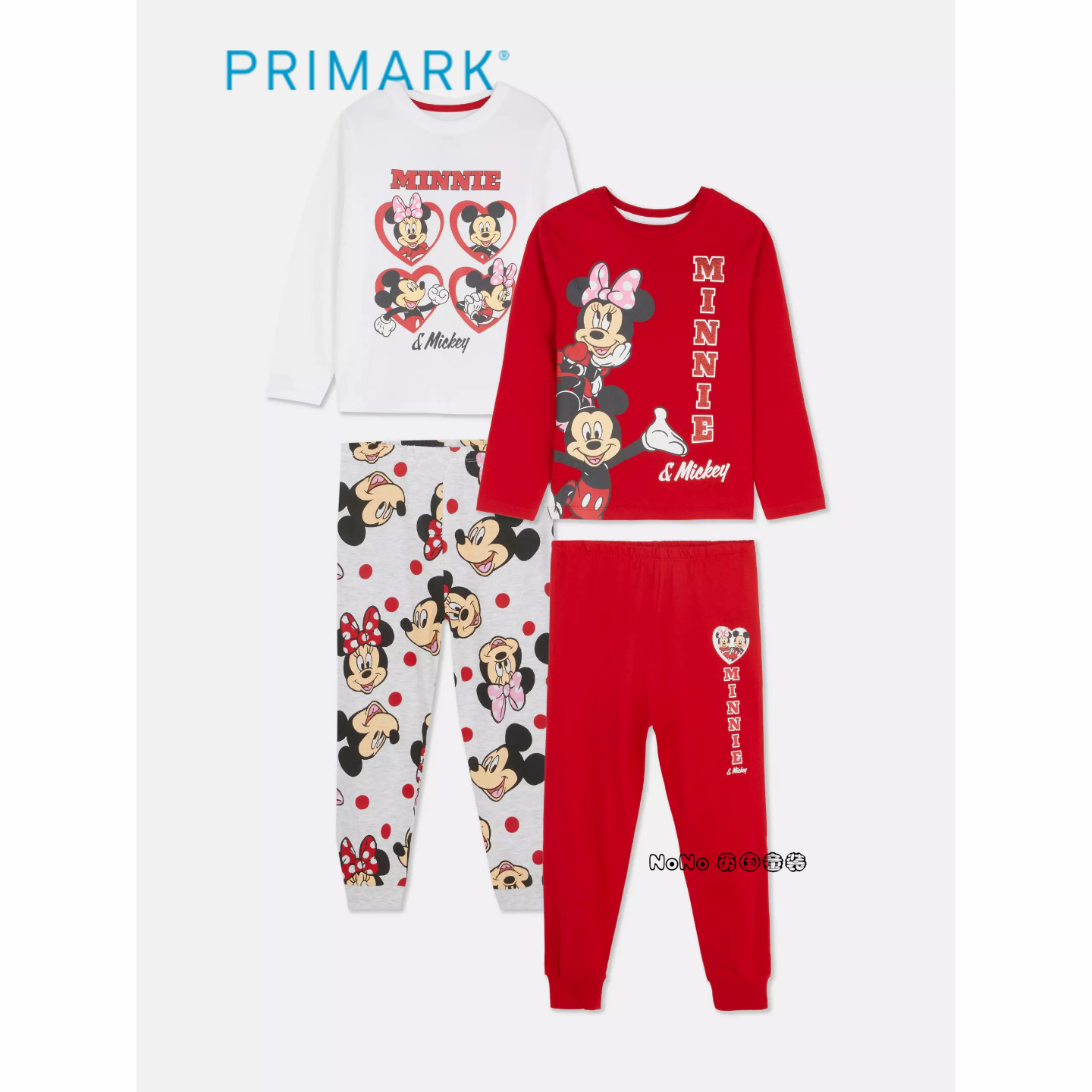 代购英国Primark女童红灰色米妮米奇长袖家居服睡衣裤纯棉1-12岁