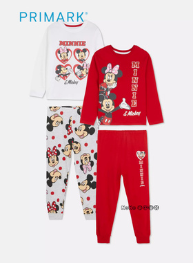 代购英国Primark女童红灰色米妮米奇长袖家居服睡衣裤纯棉1-12岁