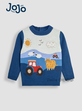 英国JoJo Maman Bebe男童蓝色农场牛毛衣针织衫1-7岁纯棉F49-196