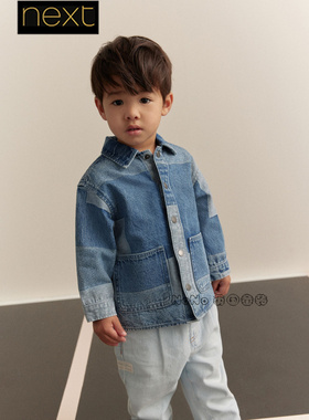 英国Next正品代购男童蓝色牛仔拼色纯棉外套衬衫夹克1-7岁E32-590