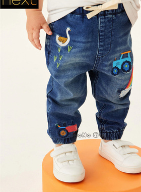 现货Next英国正品儿童蓝色收脚牛仔裤纯棉宽松牛仔裤汽车C95-078