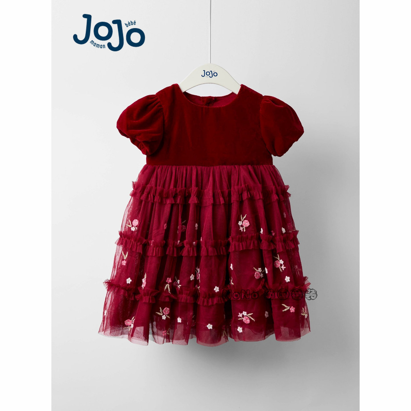 英国JoJo Maman Bebe女童新年红色丝绒蝴蝶结短袖连衣裙W26-433