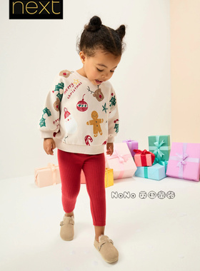 英国Next代购女童圣诞老人驯鹿卫衣红色打底裤套装1-7岁F74-695