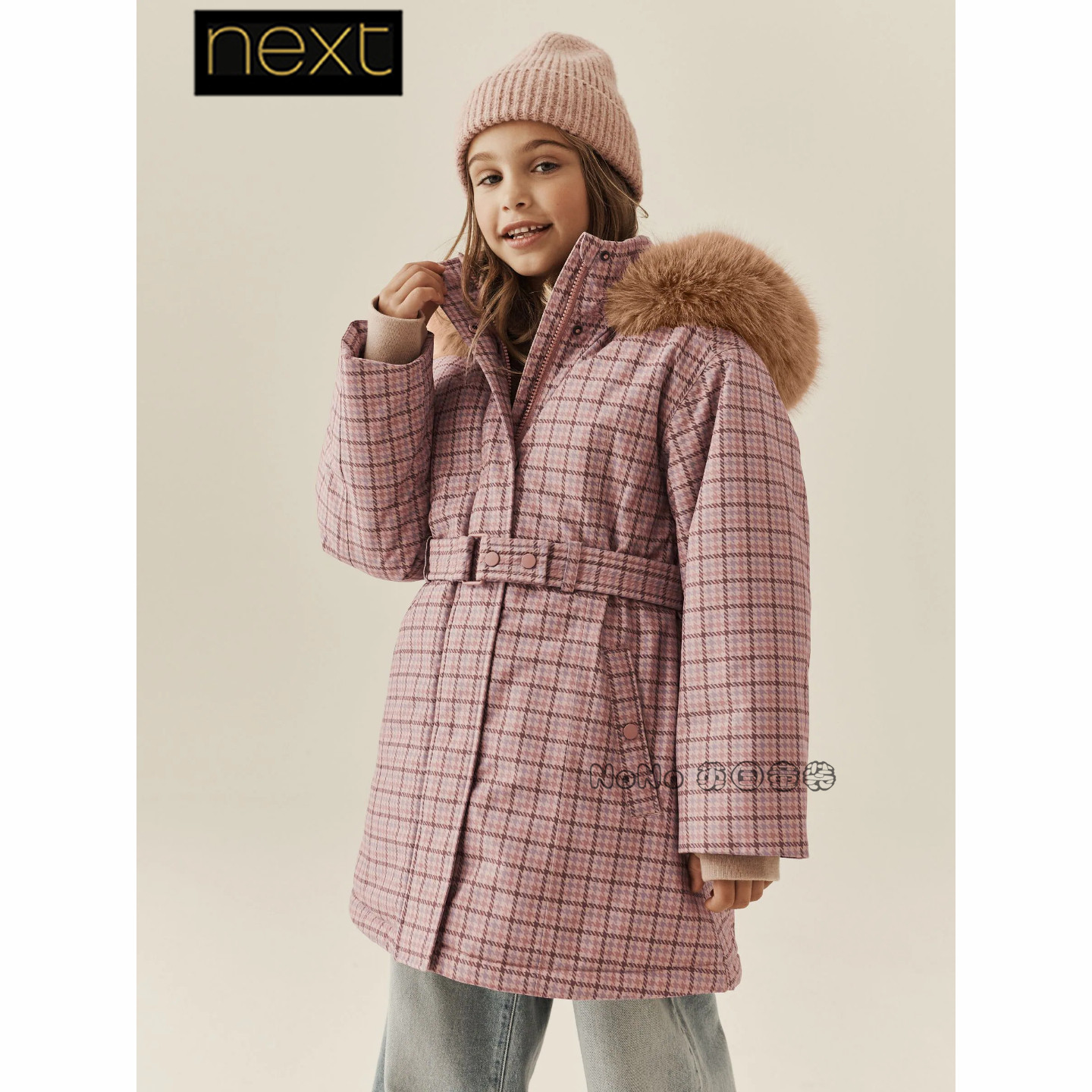 英国Next代购女大童粉色格子防雨雪外套厚款棉服衣3-16岁V36-431