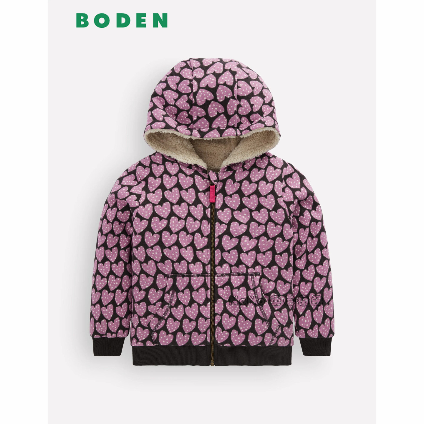 英国Mini Boden女童紫色爱心双面穿毛毛外套卫衣运动衫加厚G5606