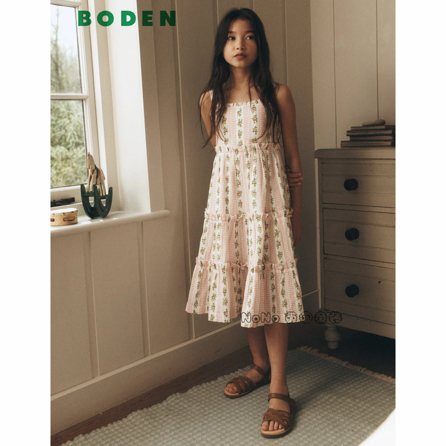 英国Mini Boden女童粉绿色碎花全棉吊带连衣裙2-12岁新款G6026
